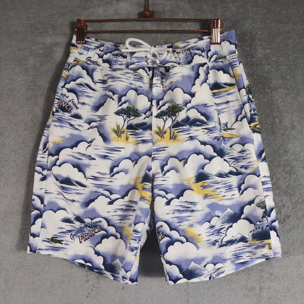 Lacoste Mens Greetings From France Graphic Print Swim Trunks Blue White Small - Picture 3 of 13